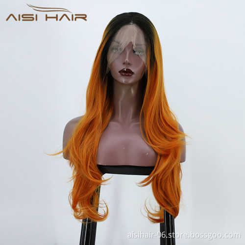 Aisi Hair Wholesale Vendor Body Wave Curly Long Wavy Ombre Orange Lace Frontal Synthetic Hair For Black Women Lace Front Wig